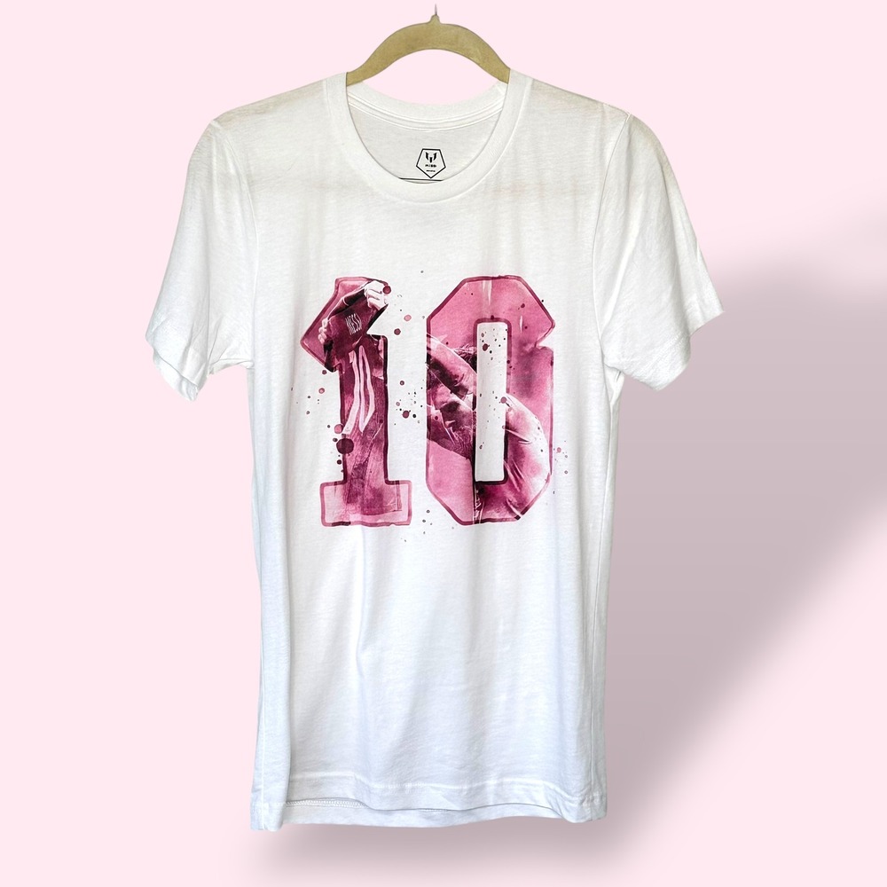 Messi Soccer T-Shirt Number 10 Graphic Tee White Pink Short‎ Sleeve Women's XS